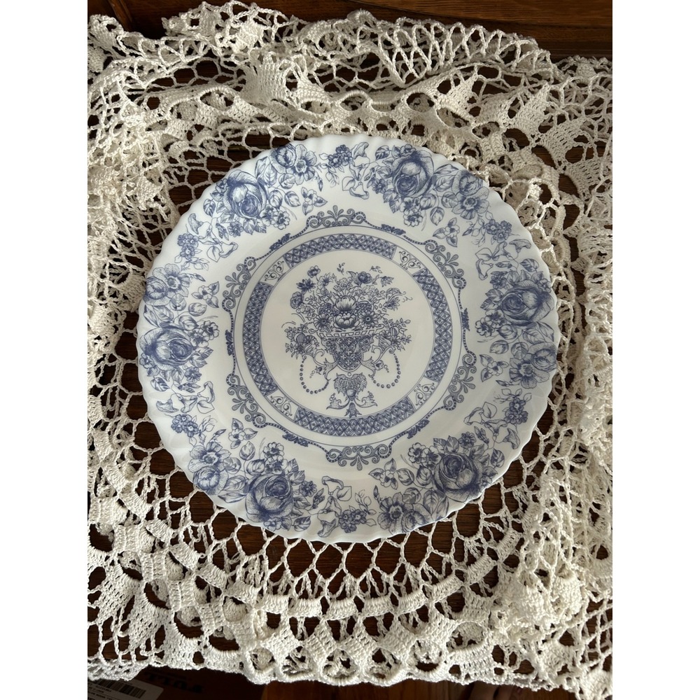 Arcopal France Honorine Blue Floral Milk Glass Scalloped Plate 10.25" Vintage